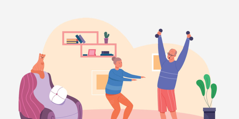 Illustration of an elderly lady doing squats with arms extended to her front and an elderly man lifting small dumbbells above his head