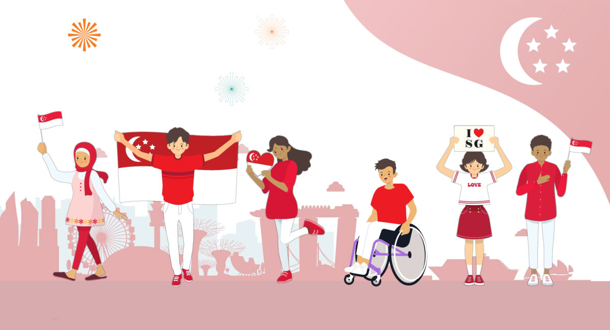 Illustration of Singaporeans of different races and abilities smiling and showing their love for Singapore via flags and props, against the backdrop of Singapore's city skyline