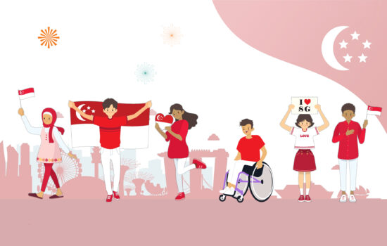 Illustration of Singaporeans of different races and abilities smiling and showing their love for Singapore via flags and props, against the backdrop of Singapore's city skyline