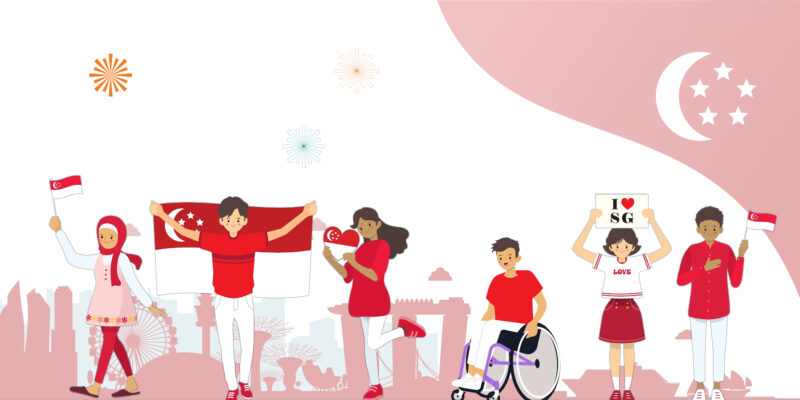 Illustration of Singaporeans of different races and abilities smiling and showing their love for Singapore via flags and props, against the backdrop of Singapore's city skyline