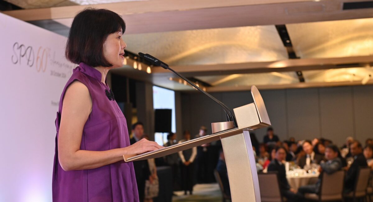 SPD President Ms Ong Toon Hui giving the welcome speech at the dinner