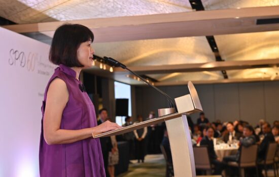 SPD President Ms Ong Toon Hui giving the welcome speech at the dinner