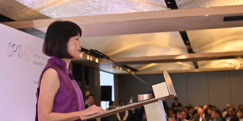 SPD President Ms Ong Toon Hui giving the welcome speech at the dinner