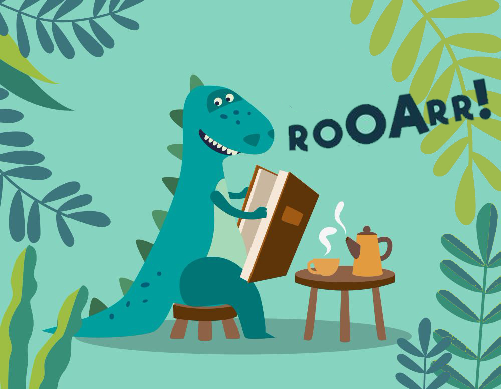 A dinosaur seated near a table with a pot of tea, reading a book and roaring.