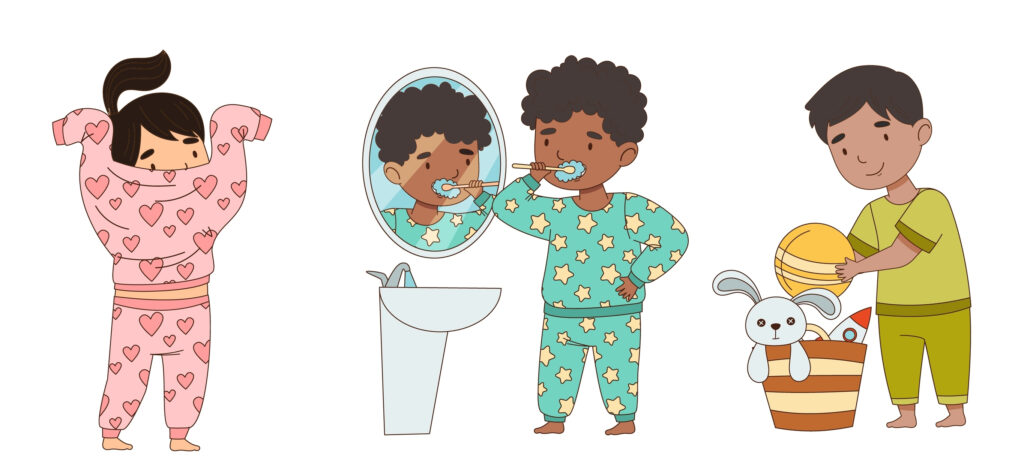 3 children getting ready for bed; one is wearing her pyjamas,  one is brushing his teeth, one is keeping his toys
