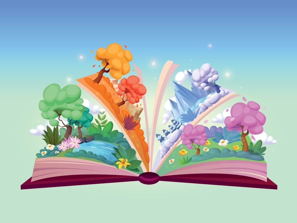 Illustration of a book which has pages filled with colourful trees of different seasons