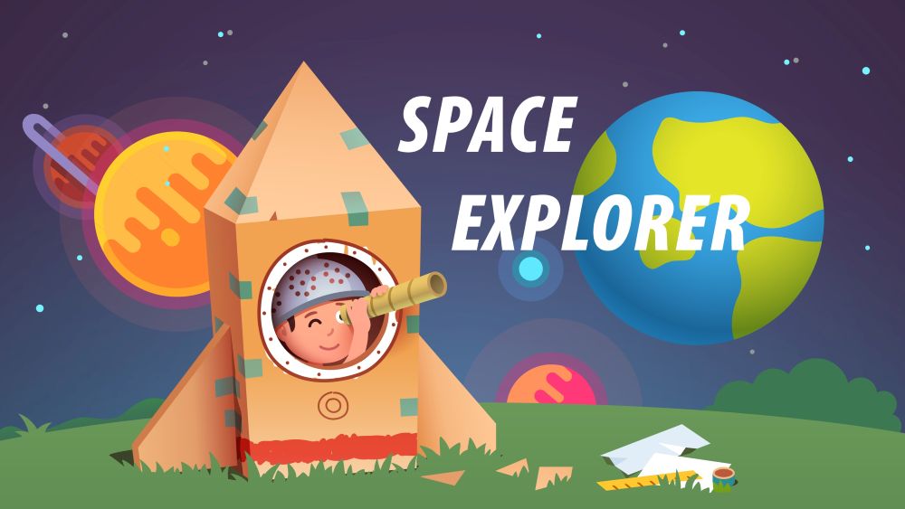 A boy wearing strainer as a helmet looking out of a cardboard rocket at earth and other planets