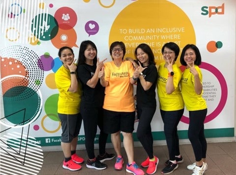 A group of friends from the Happiness Thru Fitness group who regularly engage our clients from the Day Activity Centre in energetic dance sessions. Photo credit: Happiness Thru Fitness