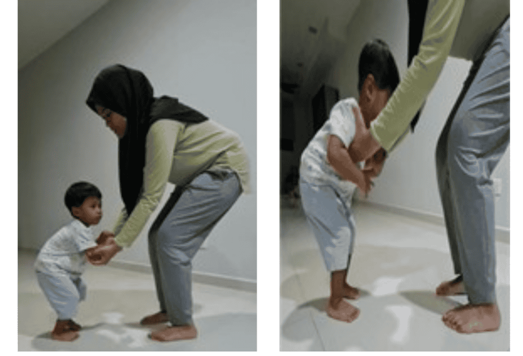 The first photo shows a caregiver supporting a young boy by his elbow, while the second photo shows the caregiver supporting the boy under his arms to help him learn jumping.