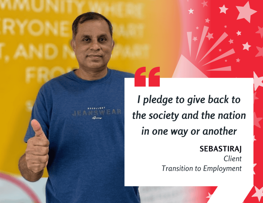 Sebastiraj in blue top giving a thumbs up, with quote "I pledge to give back to the society and the nation in one way or another."