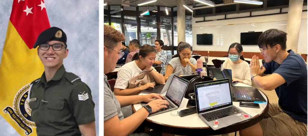 The left picture is of Bjorn in a smart green military police uniform standing in front of the Singapore military police flag. Picture on the right shows Bjorn in casual wear having a discussion with a group of 4 students, all with opened laptops in front of them.