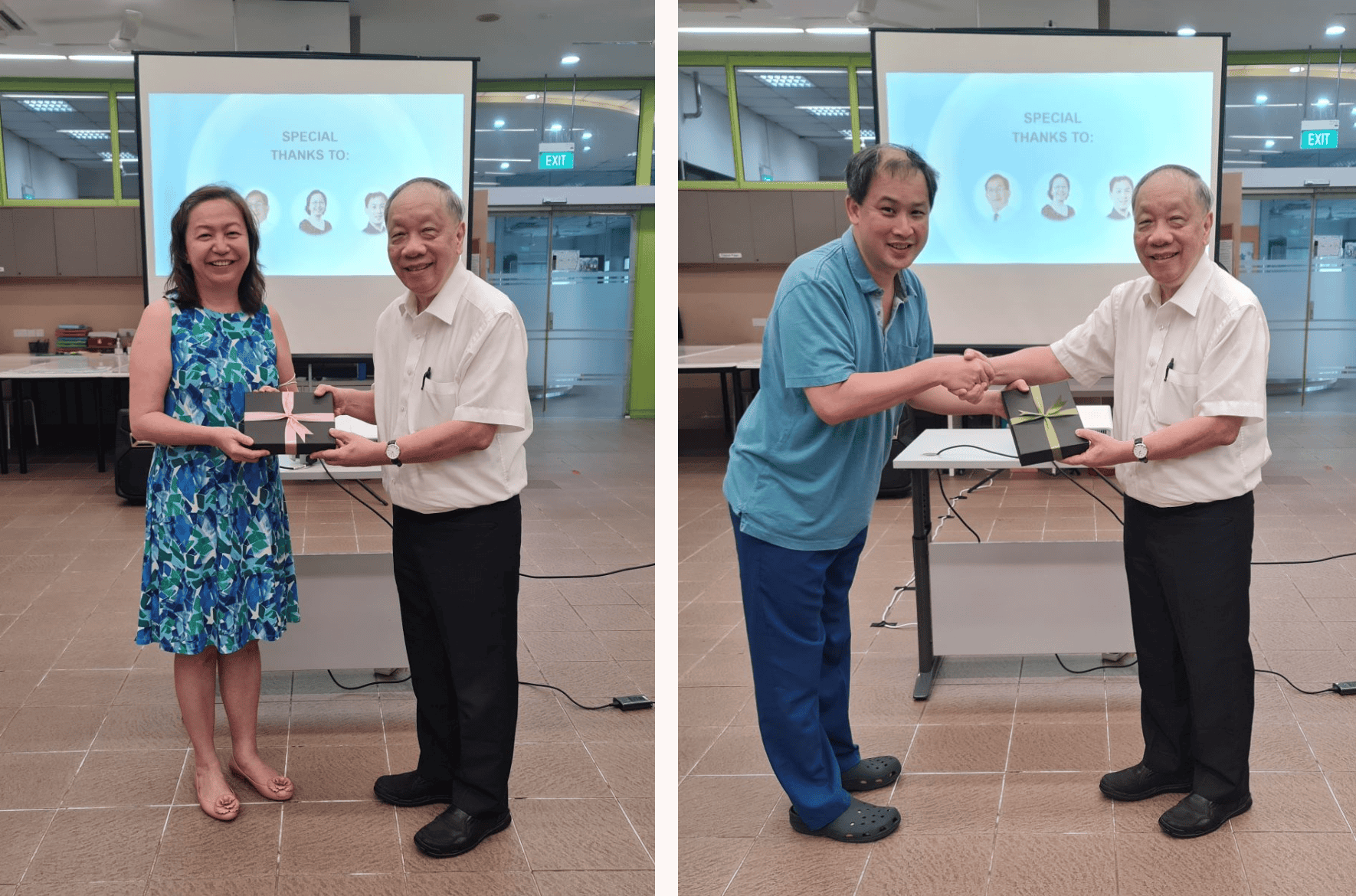 A man presenting token of appreciation to a lady and a man