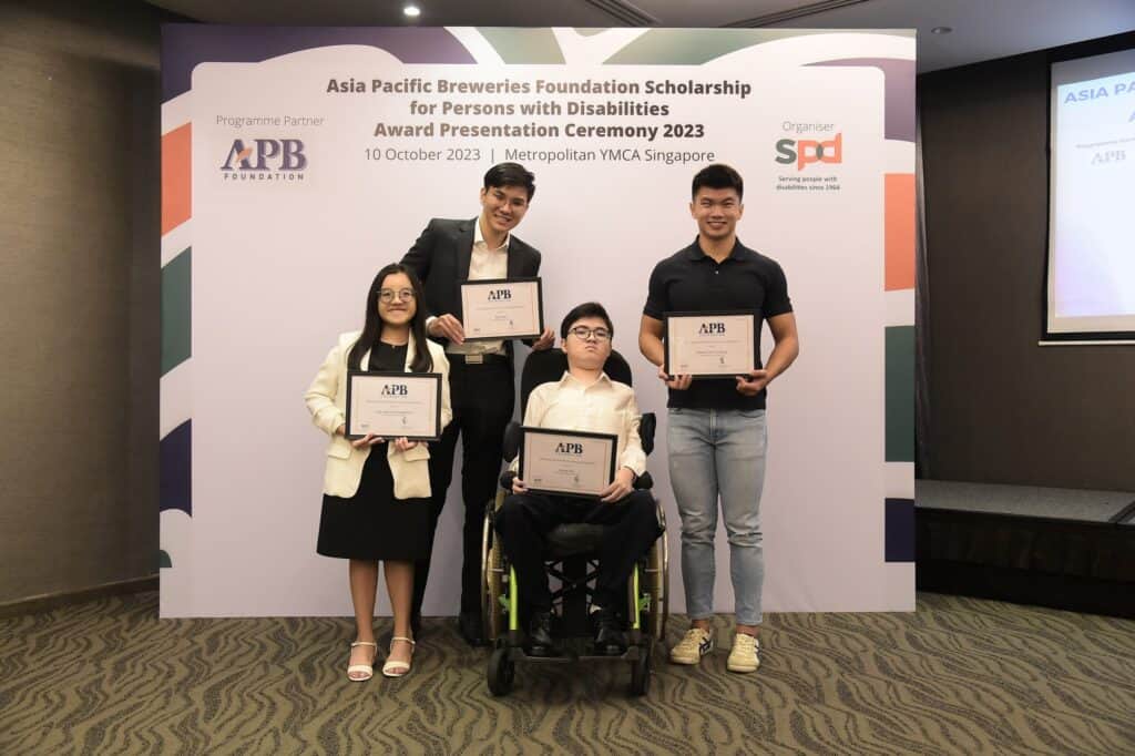 From left Scholarship recipients Magdelene Tong Bjorn Ng Aaron Sim Marcus Lim scaled 1