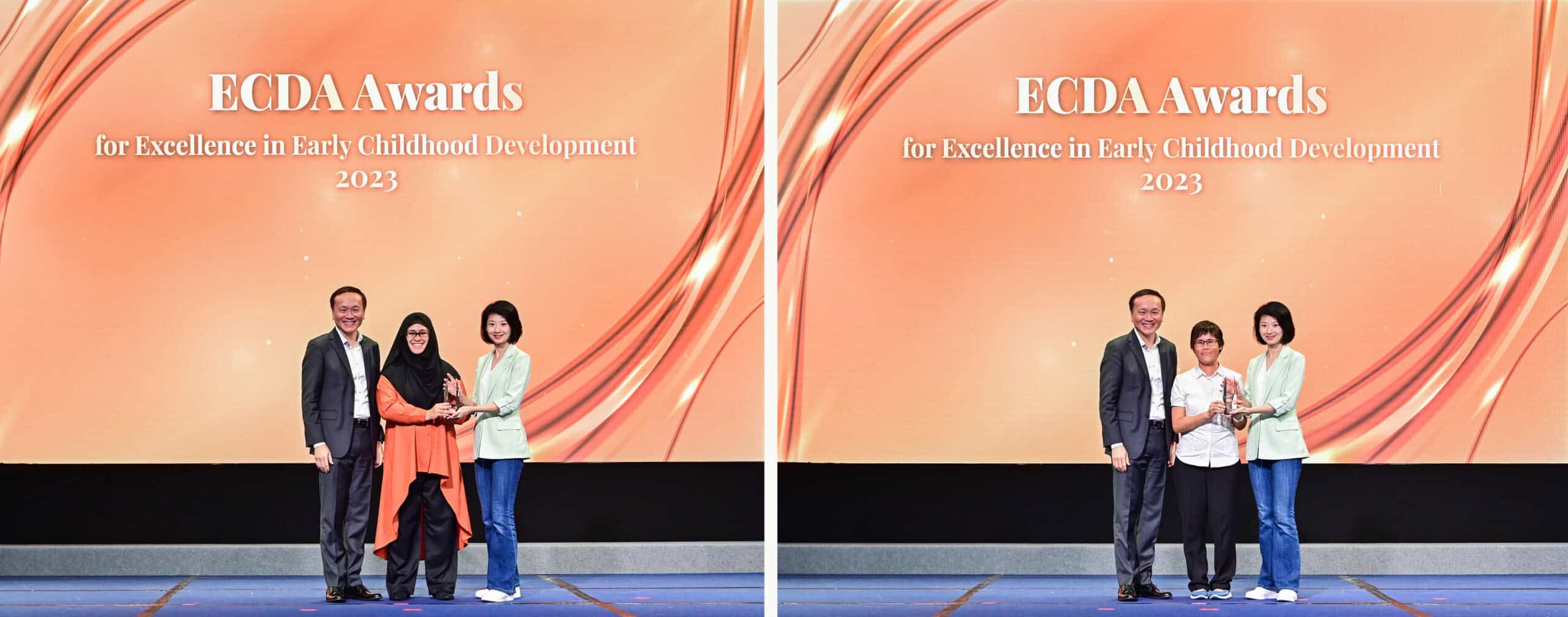 Jannah and Wai Ching receiving the award from (from left) Mr Tan Chee Wee, Chief Executive Officer of ECDA, and Ms Sun Xue Ling, Minister of State for Ministry of Home Affairs and the Ministry of Social and Family Development