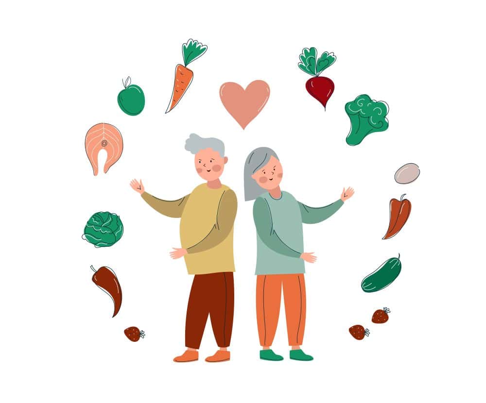 Illustration of an elderly man and woman showing different foods, including meat and vegetables.