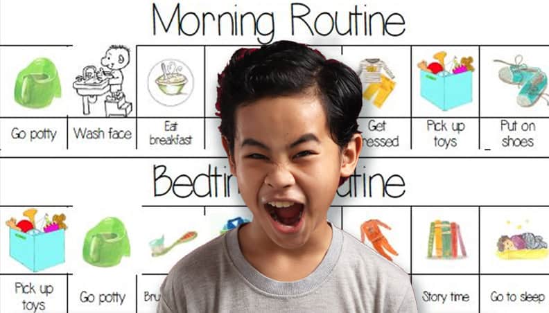 A boy looking annoyed, against the backdrop of a visual schedule of morning and bedtime routine