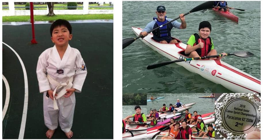 Left image is a young Aaron in taekwondo gi, right image is of Aaron in a double seater canoe in the water 