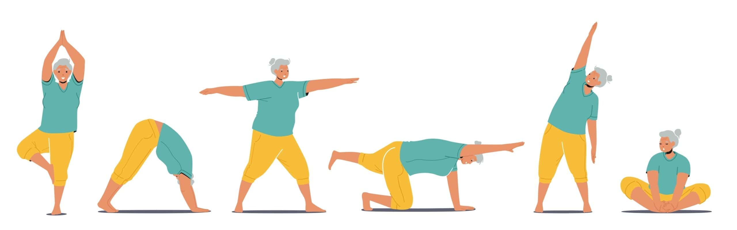 Illustration of a senior in 6 warm-up and stretching poses