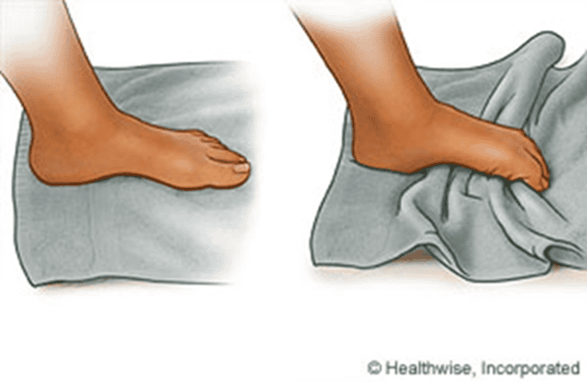 A photo showing the steps to pull towels using the toes