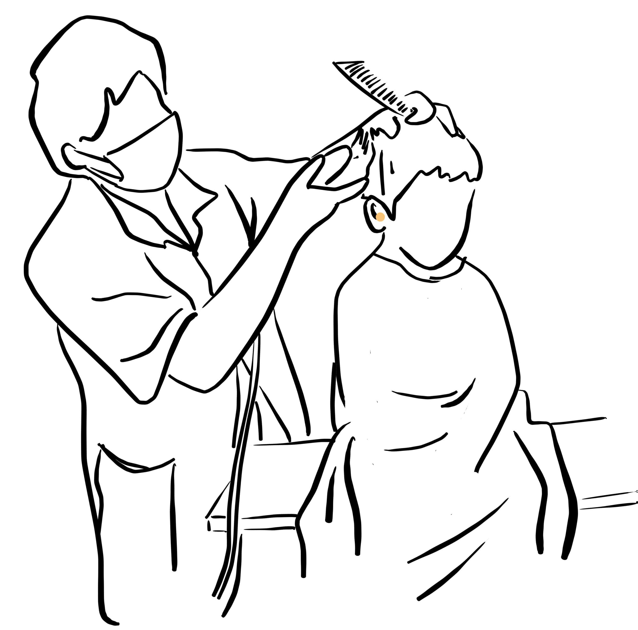 Illustration of a child getting haircut from a barber