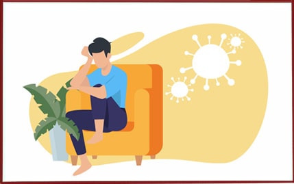 A man sitting on a single seat sofa with COVID-19 virus looming behind him