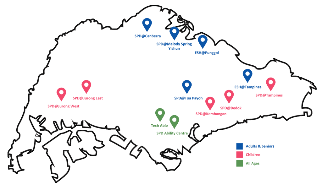 Contact Us 1 Centres listed on Singapore map, locations are reflected in the page.