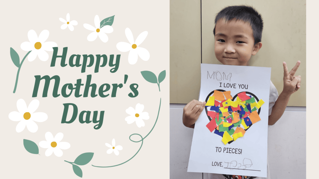 Celebrating Mums with Love and Learning at SPD 8 Text reads happy mothers day, image is of a boy showing artwork made of coloured paper pasted within a heart outline