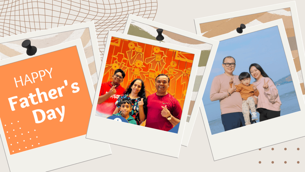 A string of photographs including Chandra with his family and Evan with his family, as well as text that reads Happy Fathers Day