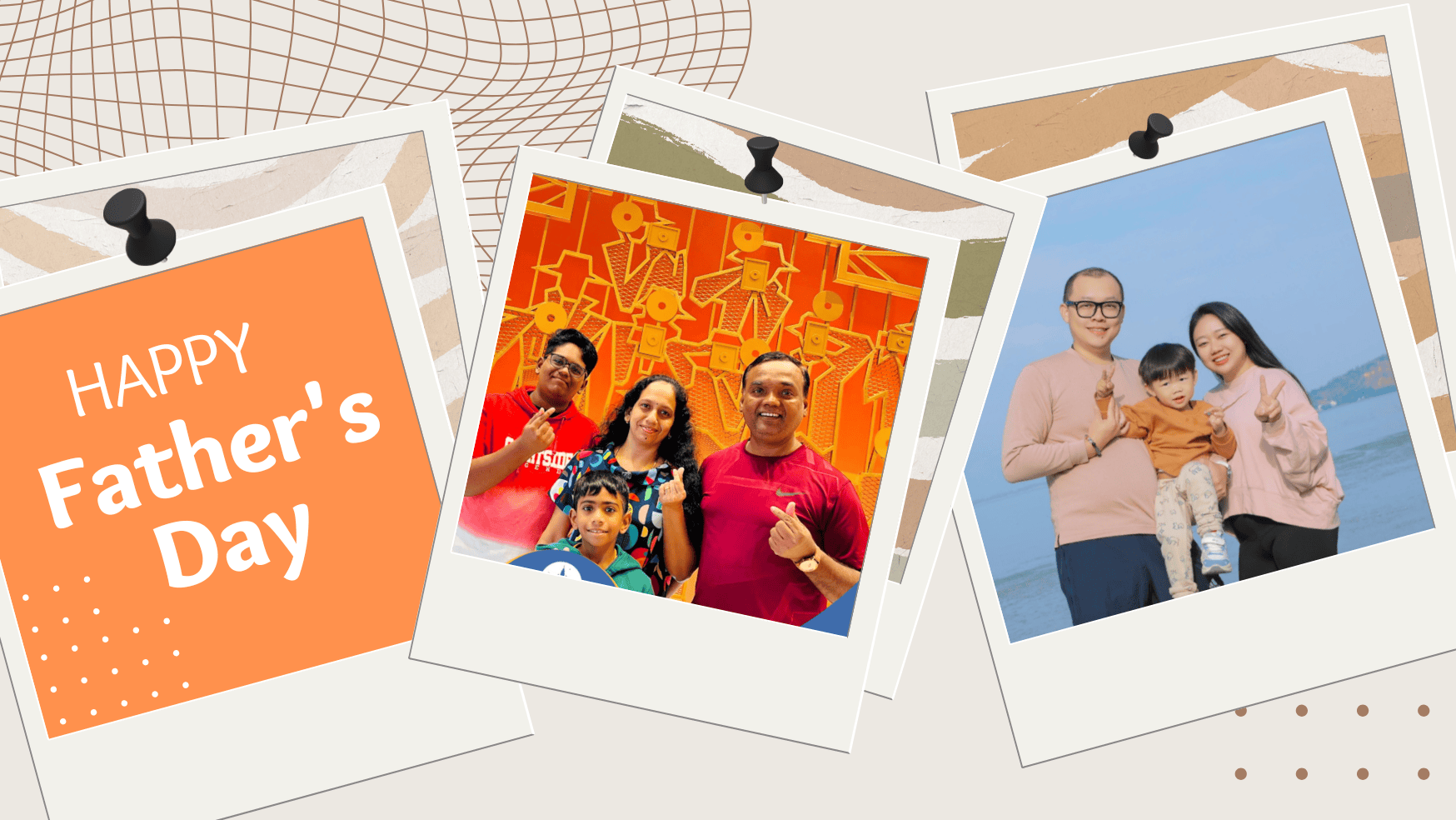 A string of photographs including Chandra with his family and Evan with his family, as well as text that reads Happy Fathers Day