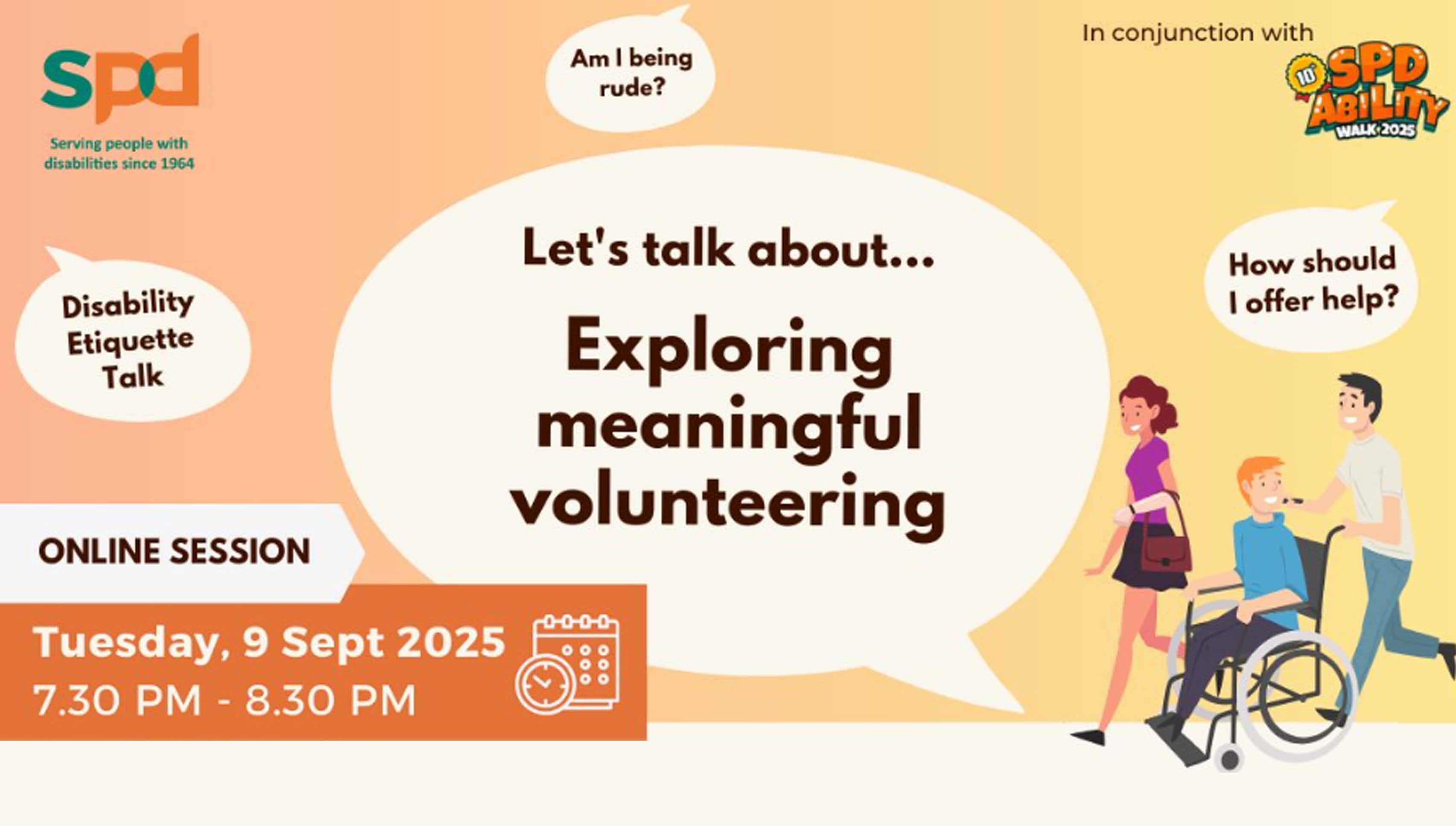 Disability etiquette talk event identity, info reflected in event post.