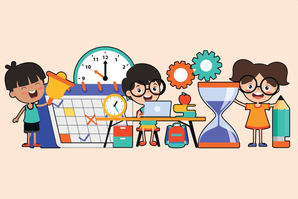 Illustration of 3 children in different activities with oversized clocks, bell and calendar.