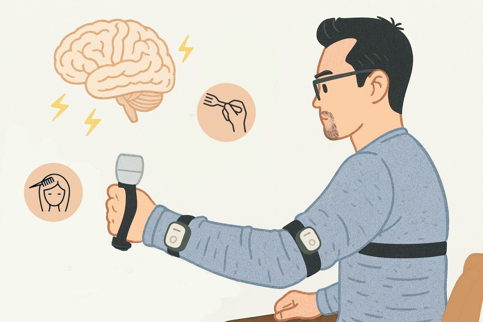 Illustration of a man using a device to strengthen the grip in his left hand and arm. Also includes icons of a brain with lightning surrounding it, action of combing hair and use of a fork