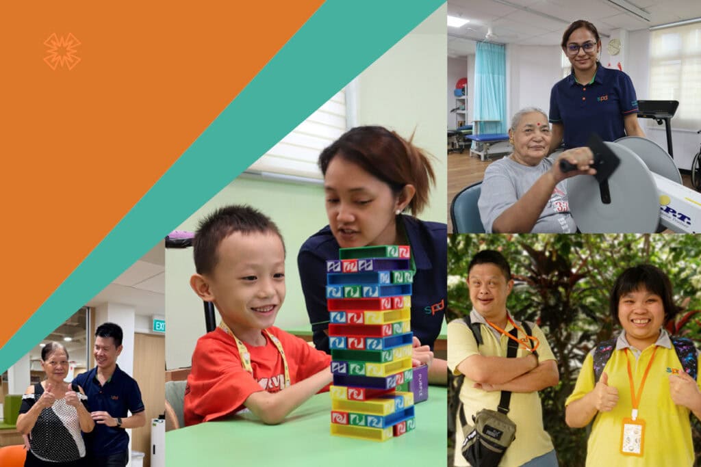 CEO Message: Looking ahead with hope and purpose 5 Collage of S P D staff and clients, including professionals with seniors in their rehabilitation exercises, 2 D A C clients smiling and a teacher with a young child playing Jenga.