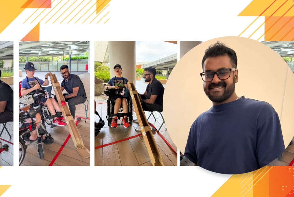 Strength in Community: Living with vision and hearing loss, youth volunteer supports others through boccia 3 Profile image of Vinid with background collage of him with a wheelchair user playing boccia