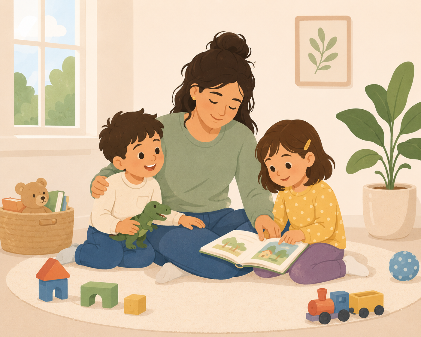 Illustration of a relaxed mother with her 2 children
