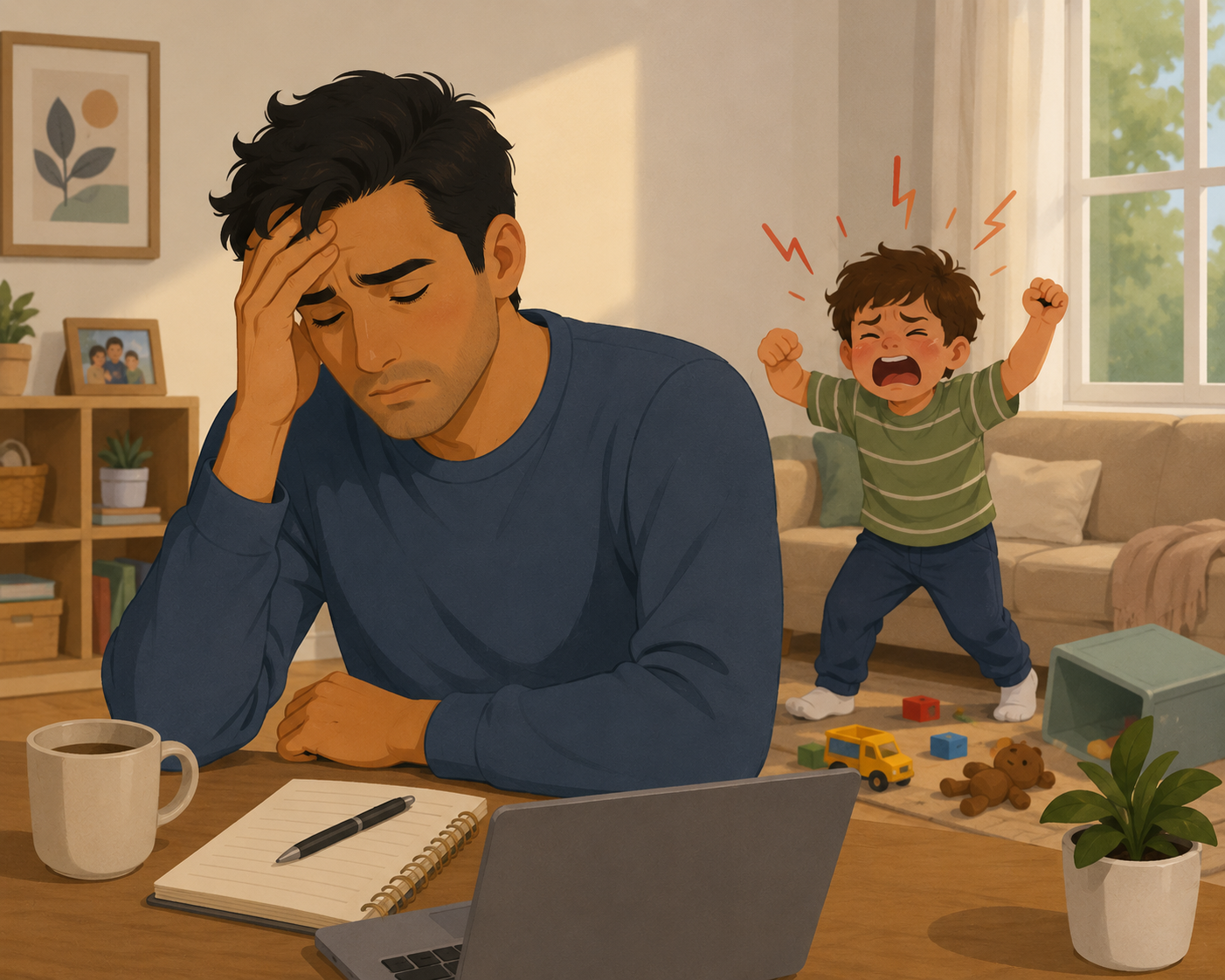 Illustration of a father holdhing his head and closing his eyes as his son is shouting in the background.