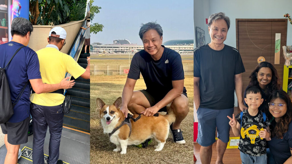 Collage of Benjamin guiding a client up an escalator, Benjamin with a corgi and Benjamin with a young boy and 2 S P D teachers