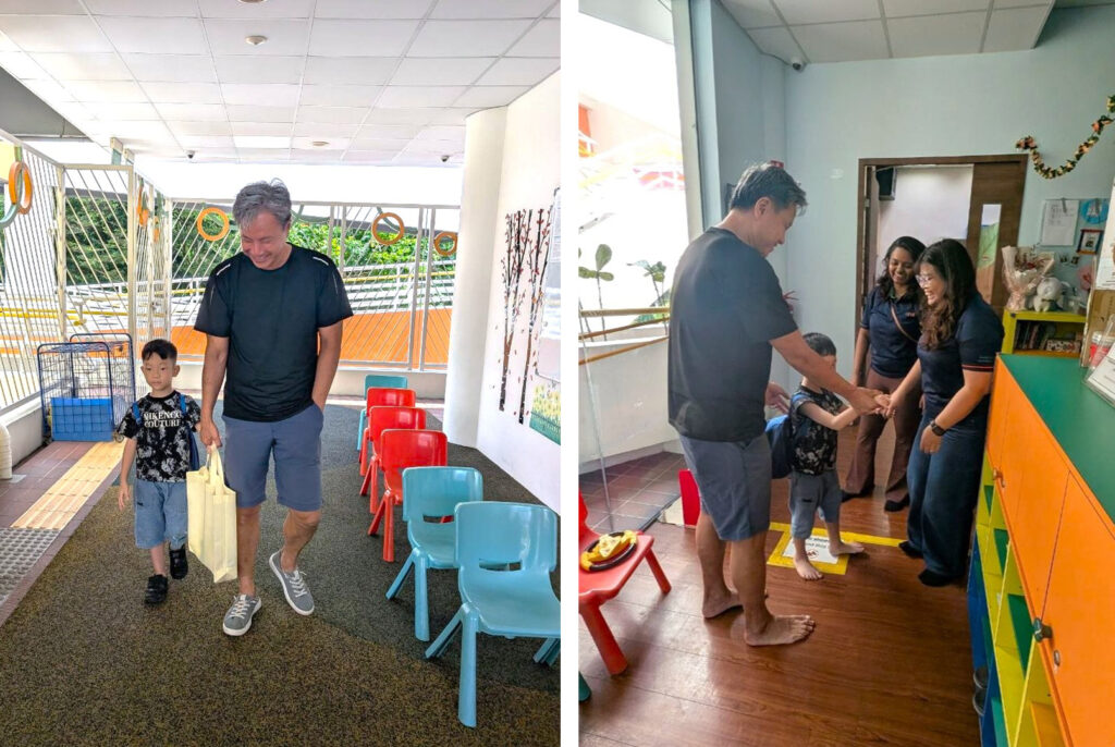 Where Purpose Found Me: Mr Benjamin Tan’s volunteering journey across generations 2 Collage of Benjamin walking with a young boy at the S p D Ability Centre, and thereafter handing him over to 2 teachers.
