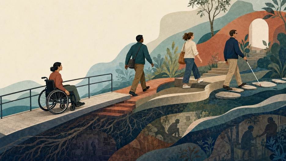 Illustration of 4 persons on a mountain route, including a wheelchair user and a person using a white cane.