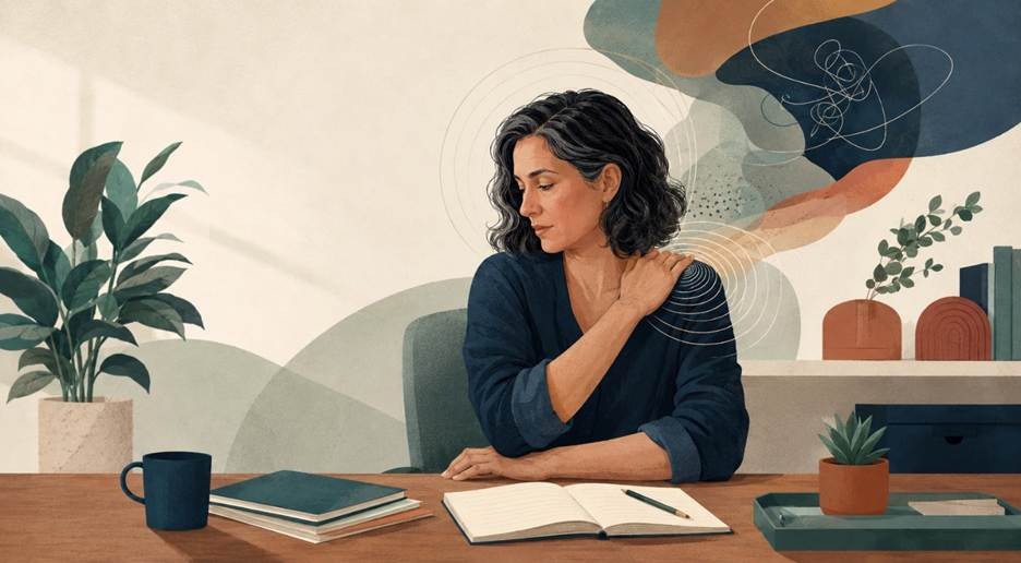 The quiet strength we already carry 2 Illustration of a woman at her work desk holding her shoulder, seemingly tired from her work.