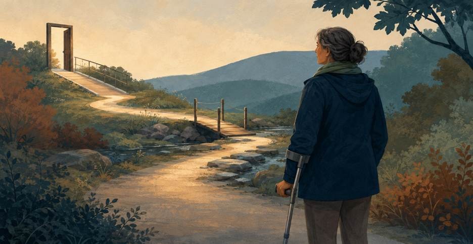 The quiet strength we already carry 3 A woman supporting herself with an elbow crutch looking at a mountain route