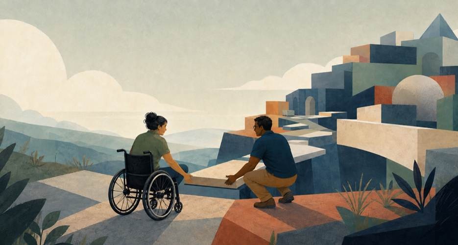 The quiet strength we already carry 4 A wheelchair user and a man lowering a block to create a bridge across a valley.