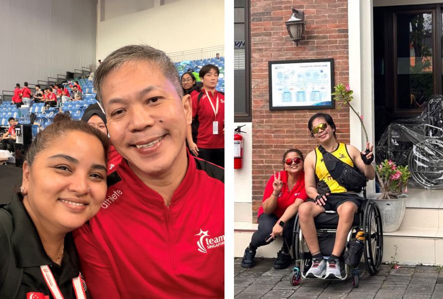 From setback to strength 6 Collage of Mr Wong and Mdm Nooraini at the National Day Parade 2026, and of them posing outside a stadium after an overseas competition