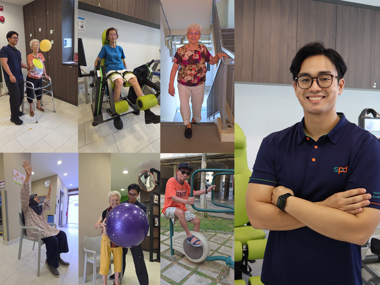 Collage of seniors doing different exercises, and a portrait image of Niel