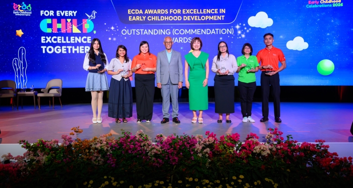 Small Steps, Meaningful Milestones : SPD early intervention educator receives ECDA recognition 3 Hafidah on stage at the Early Childhood Celebrations 2026 with the Guest of Honor and other award recipients.
